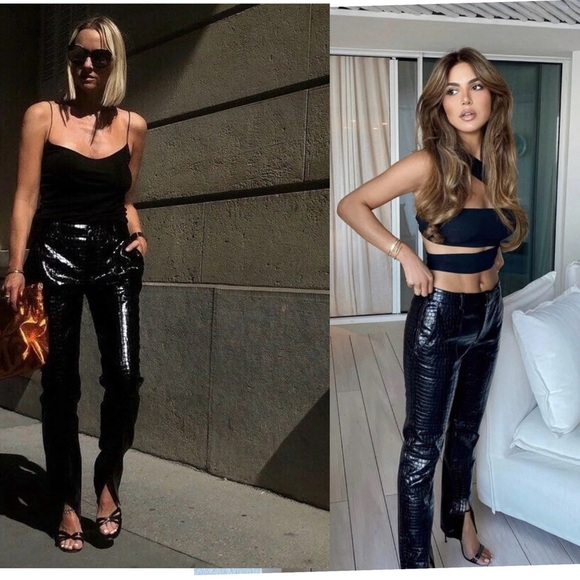 Zara Women Black Croc embossed Animal Faux Leather Pleather Vegan Pants M NWOT - Picture 3 of 17